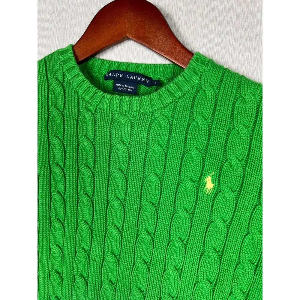 Ralph Lauren Womens S Green Cable Knit Cotton Pony Logo Preppy Classic Old Money - Picture 4 of 8